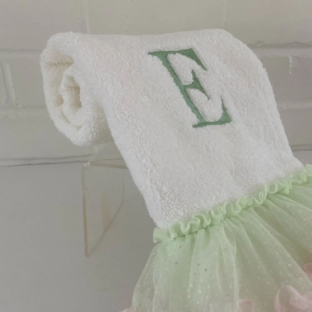 Girls Bathroom Embroidered E White Hand Towel With Full Pastel Ruffles